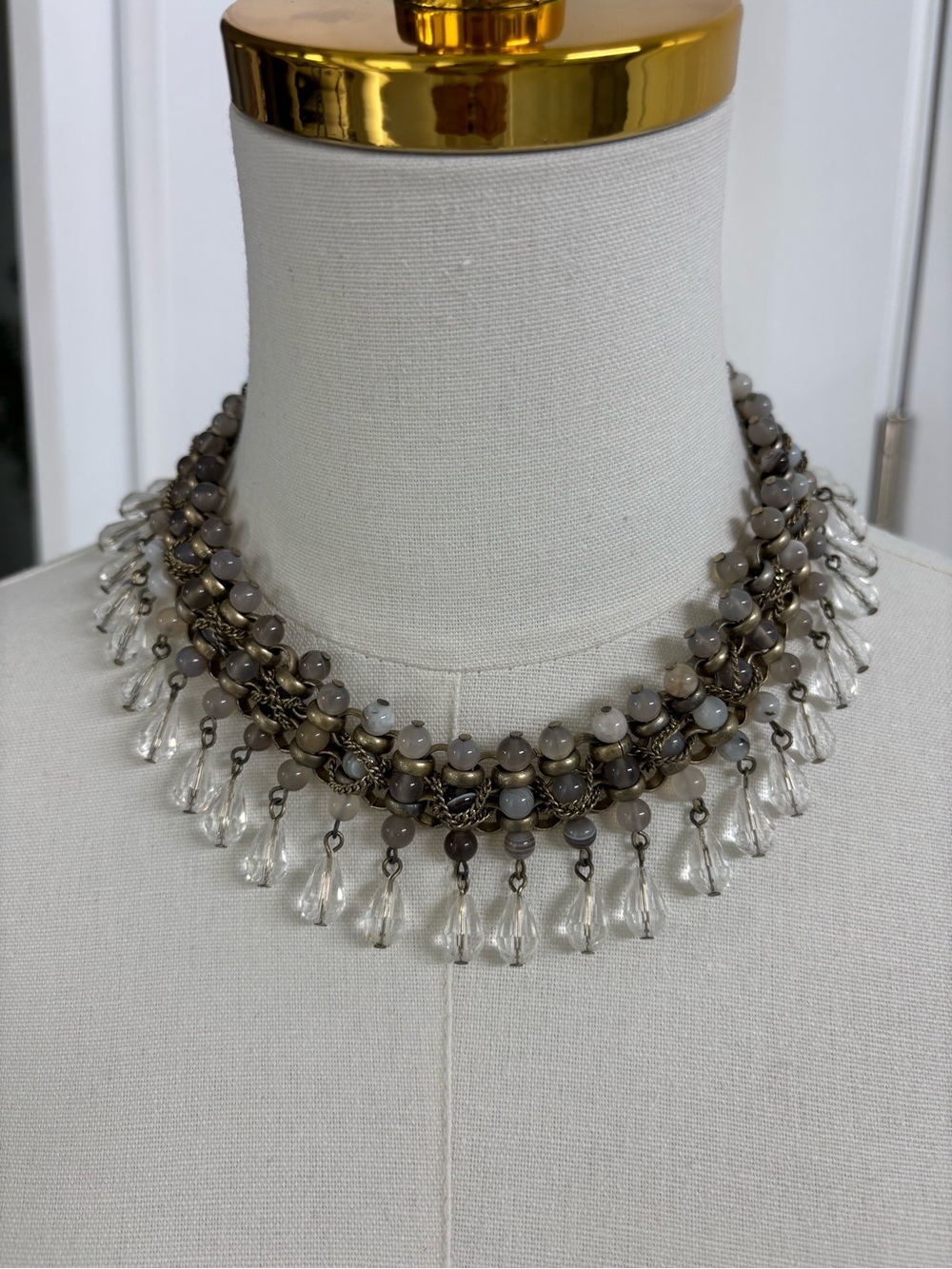 Gray Beaded Fringe Necklace with Clear Drops by Danielle Steven
